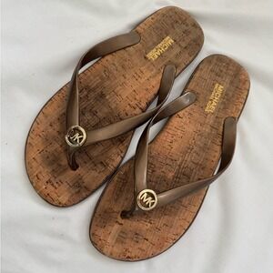 Michael Kors Flip Flops 8 Women Brown Cork Sole Sandals Summer Beach Pool Comfy